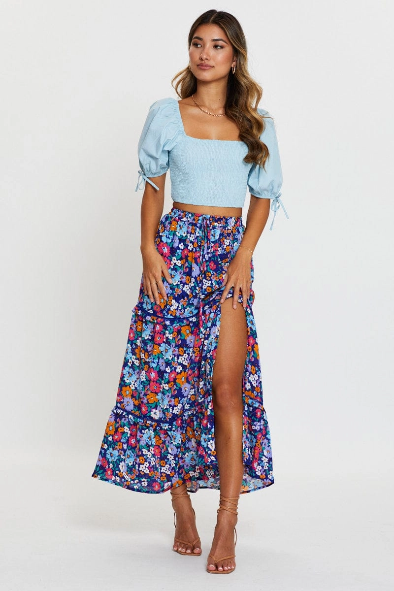 Blue Puff Sleeve Top Short Sleeve Crop