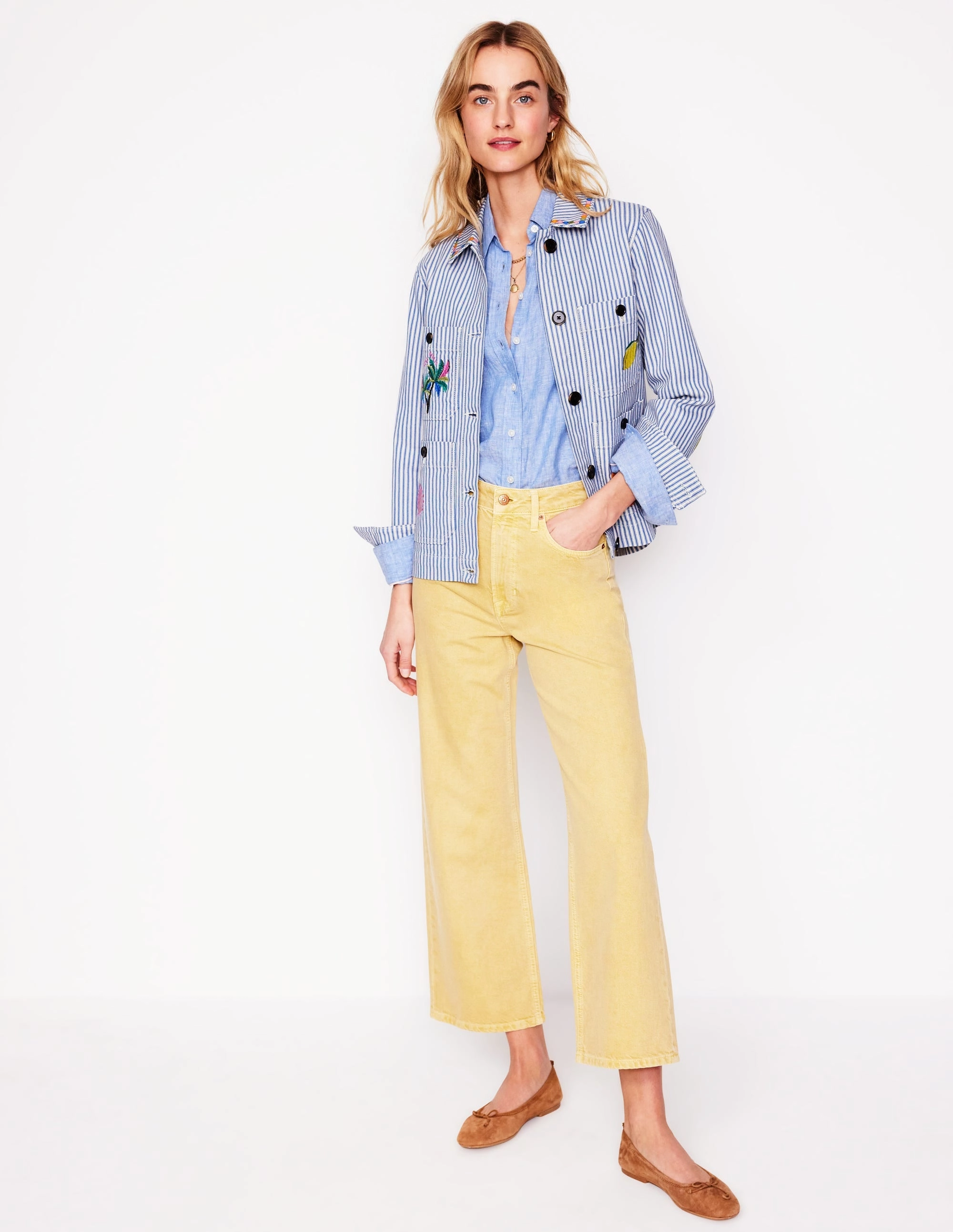 Embroidered Utility Jacket-Forget me not Blue Fine Stripe
