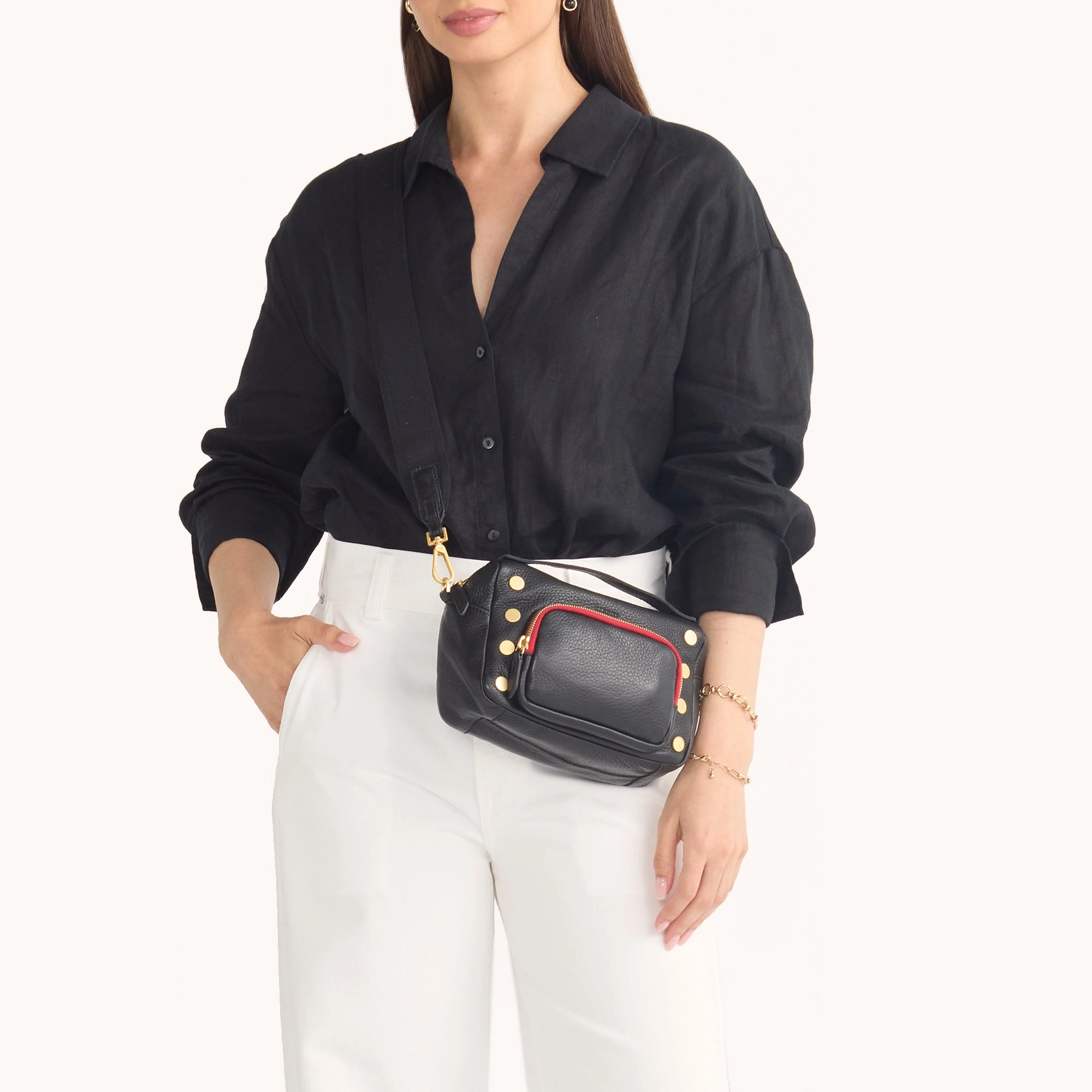 Evan Crossbody | Cargo Black/Brushed Gold Red Zip | Sml