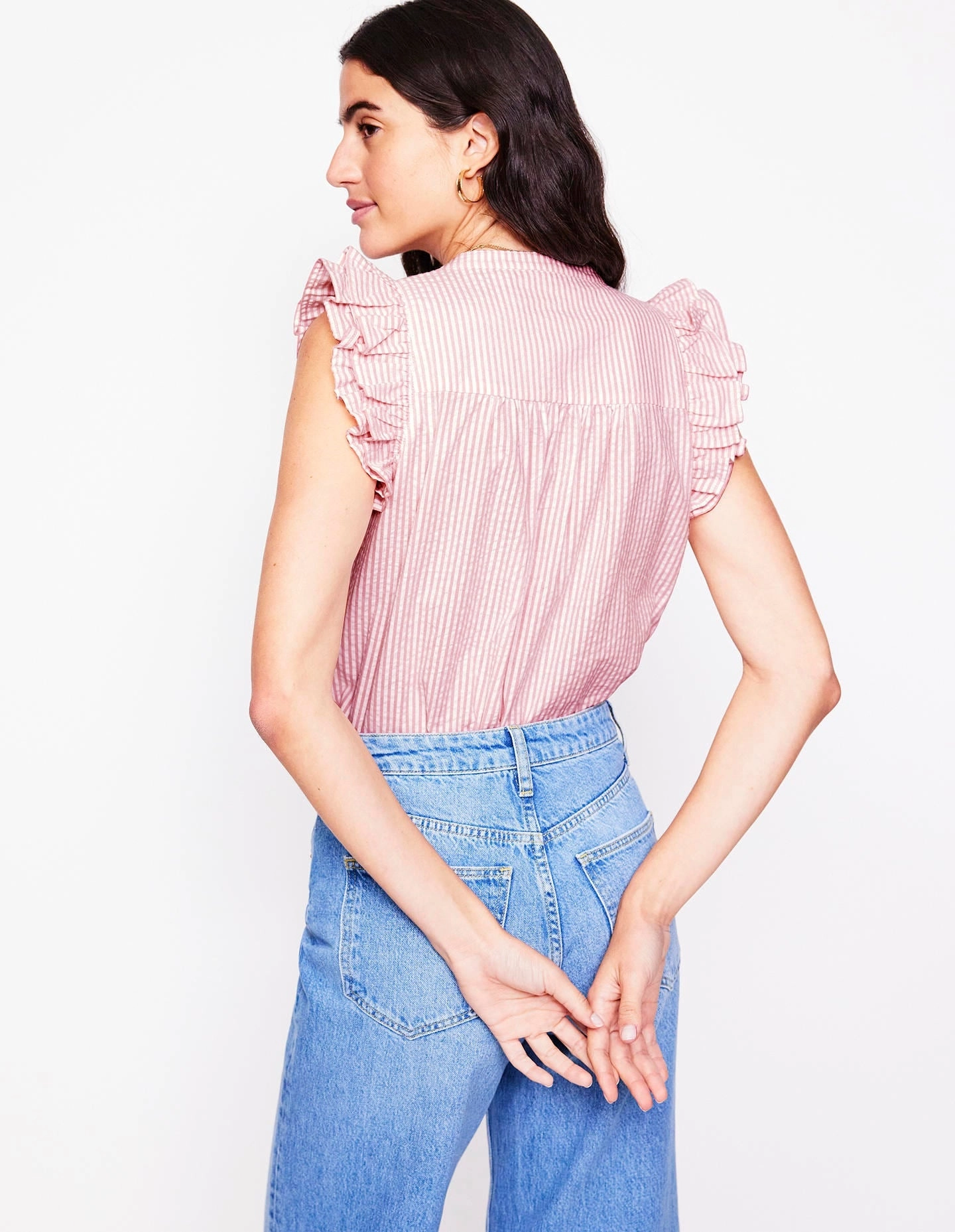 Frill Sleeve Seersucker Top-Pink Rose Fine Stripe