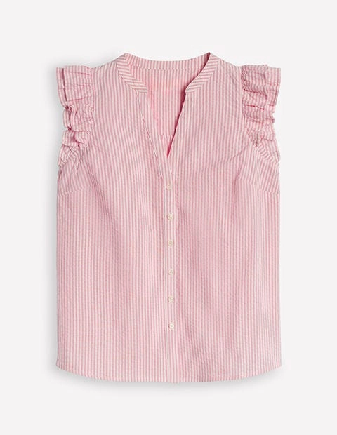 Frill Sleeve Seersucker Top-Pink Rose Fine Stripe
