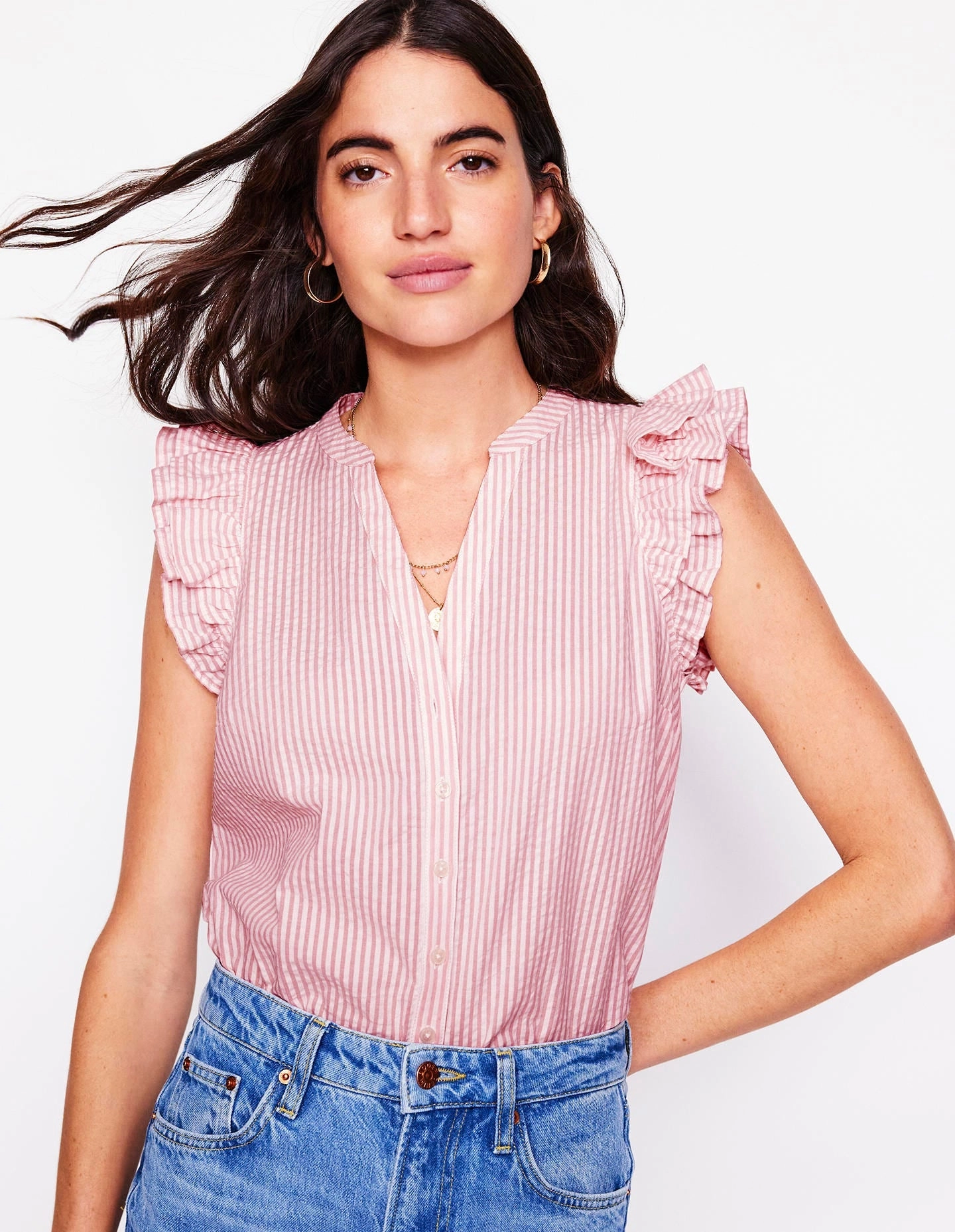 Frill Sleeve Seersucker Top-Pink Rose Fine Stripe