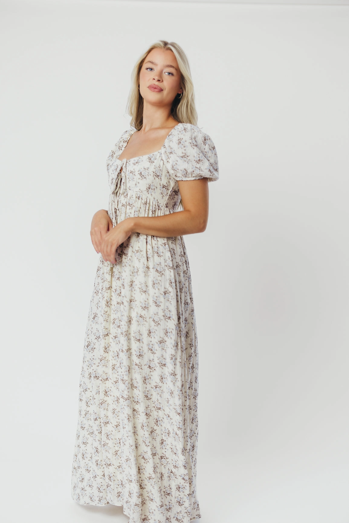Haven 100% Cotton Tie-Front Maxi Dress in Blue/Brown Floral -Bump Friendly- PRE-ORDER