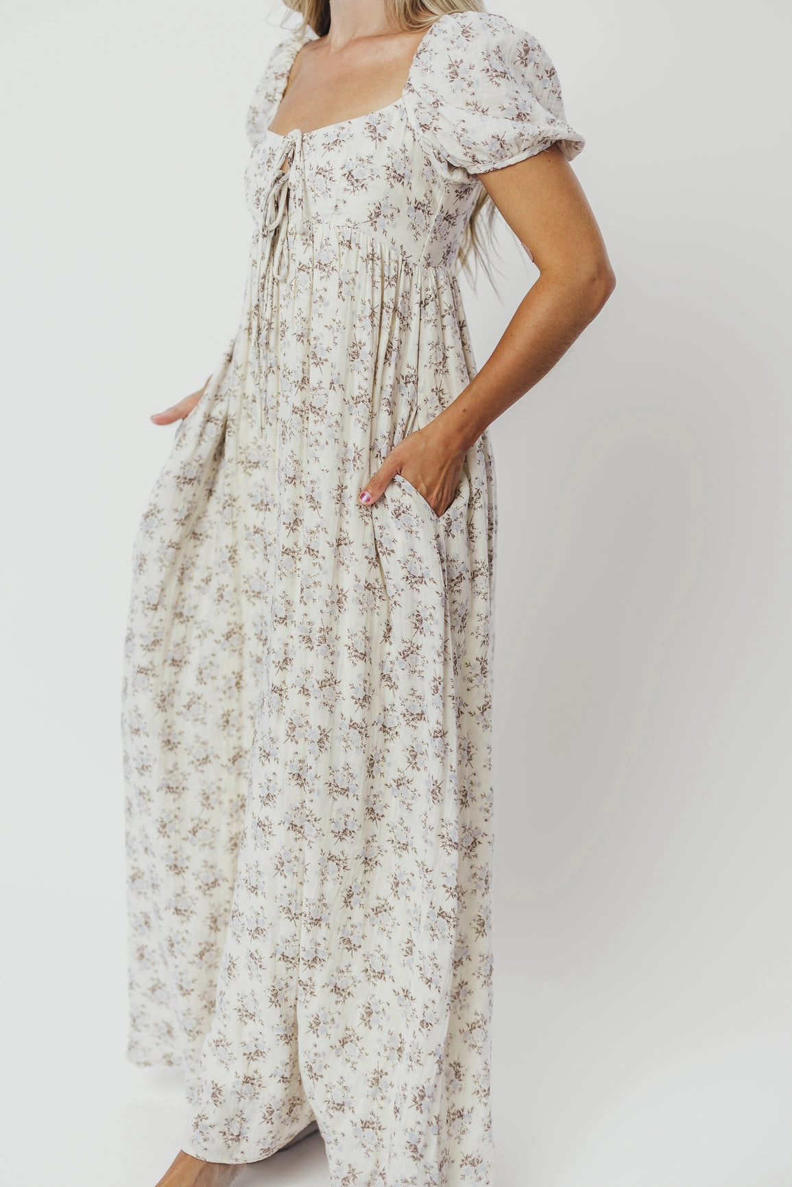 Haven 100% Cotton Tie-Front Maxi Dress in Blue/Brown Floral -Bump Friendly- PRE-ORDER