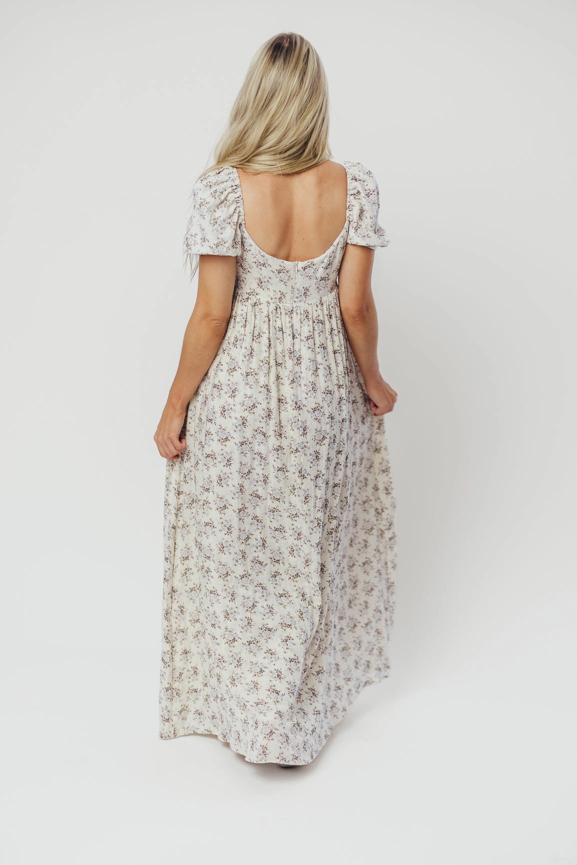 Haven 100% Cotton Tie-Front Maxi Dress in Blue/Brown Floral -Bump Friendly- PRE-ORDER