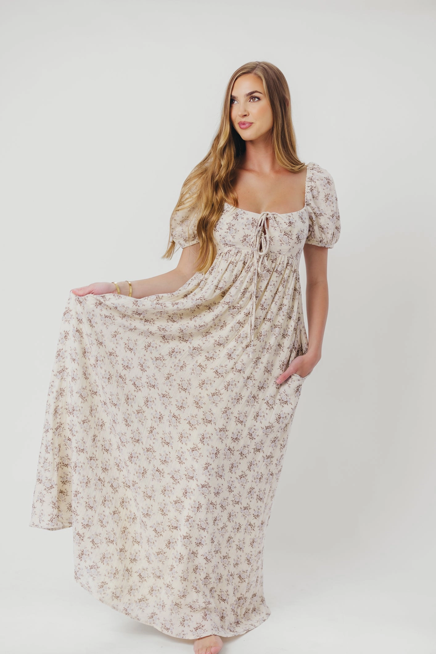 Haven 100% Cotton Tie-Front Maxi Dress in Blue/Brown Floral -Bump Friendly- PRE-ORDER