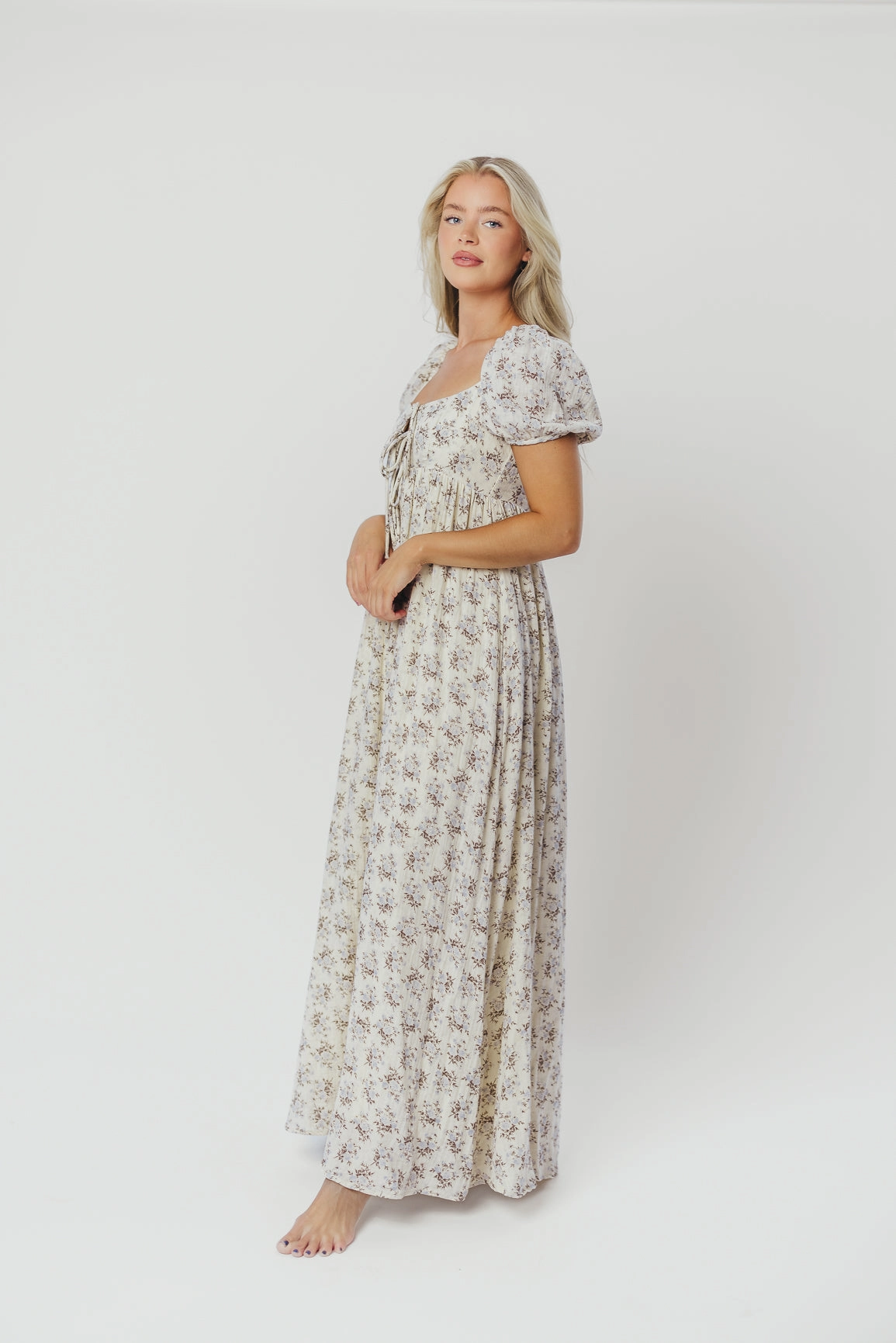Haven 100% Cotton Tie-Front Maxi Dress in Blue/Brown Floral -Bump Friendly- PRE-ORDER