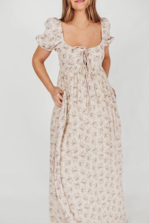 Haven 100% Cotton Tie-Front Maxi Dress in Blue/Brown Floral -Bump Friendly- PRE-ORDER