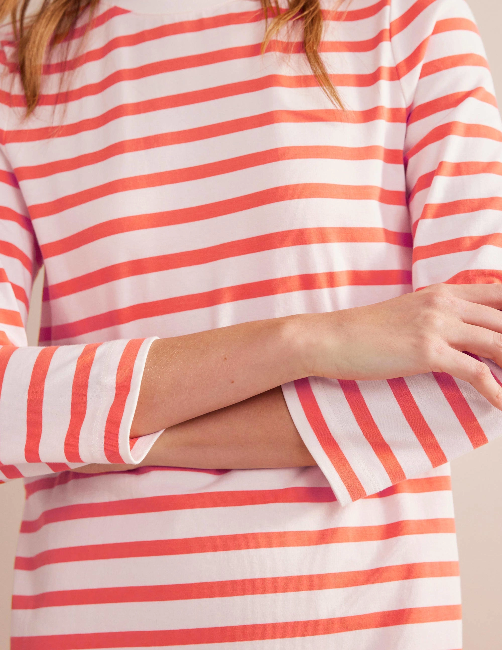 Jersey Mini T-Shirt Dress-Ivory and Persimmon Stripe