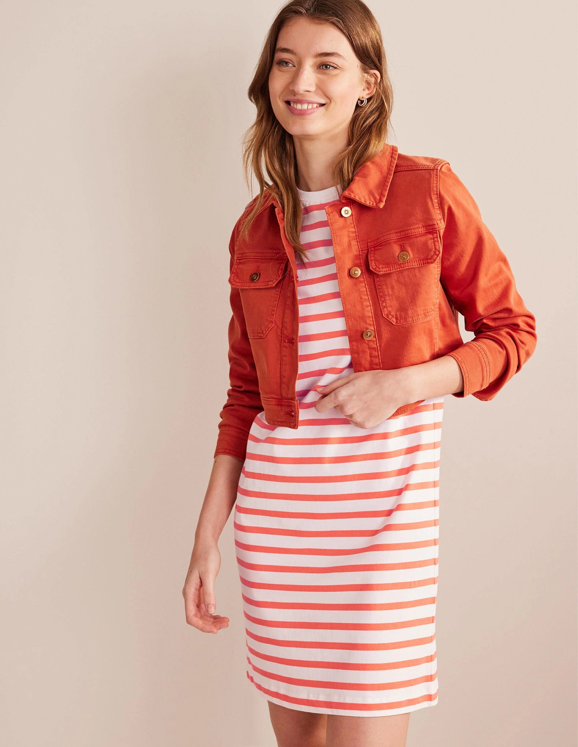 Jersey Mini T-Shirt Dress-Ivory and Persimmon Stripe