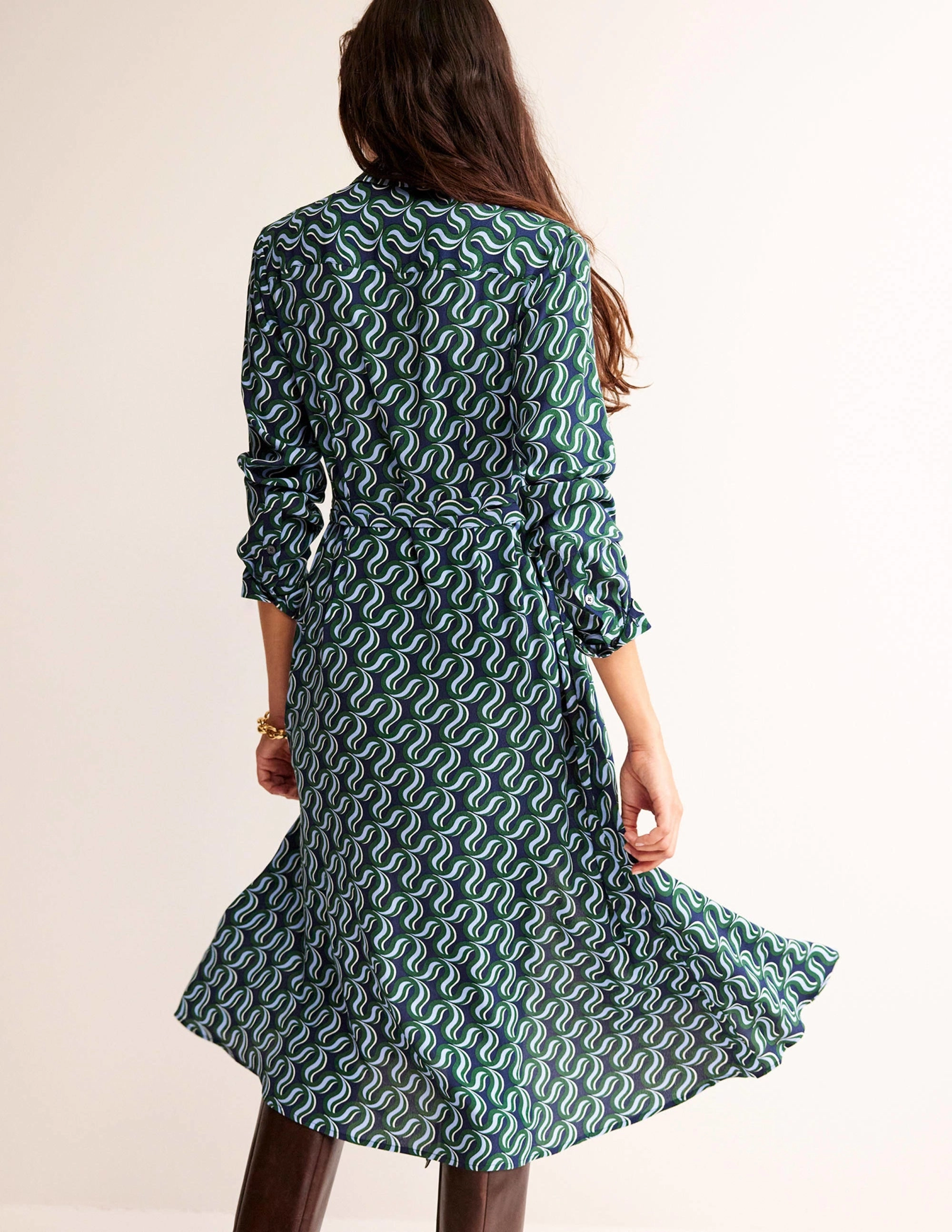 Kate Midi Shirt Dress-Amazon Green, Ribbon Wave