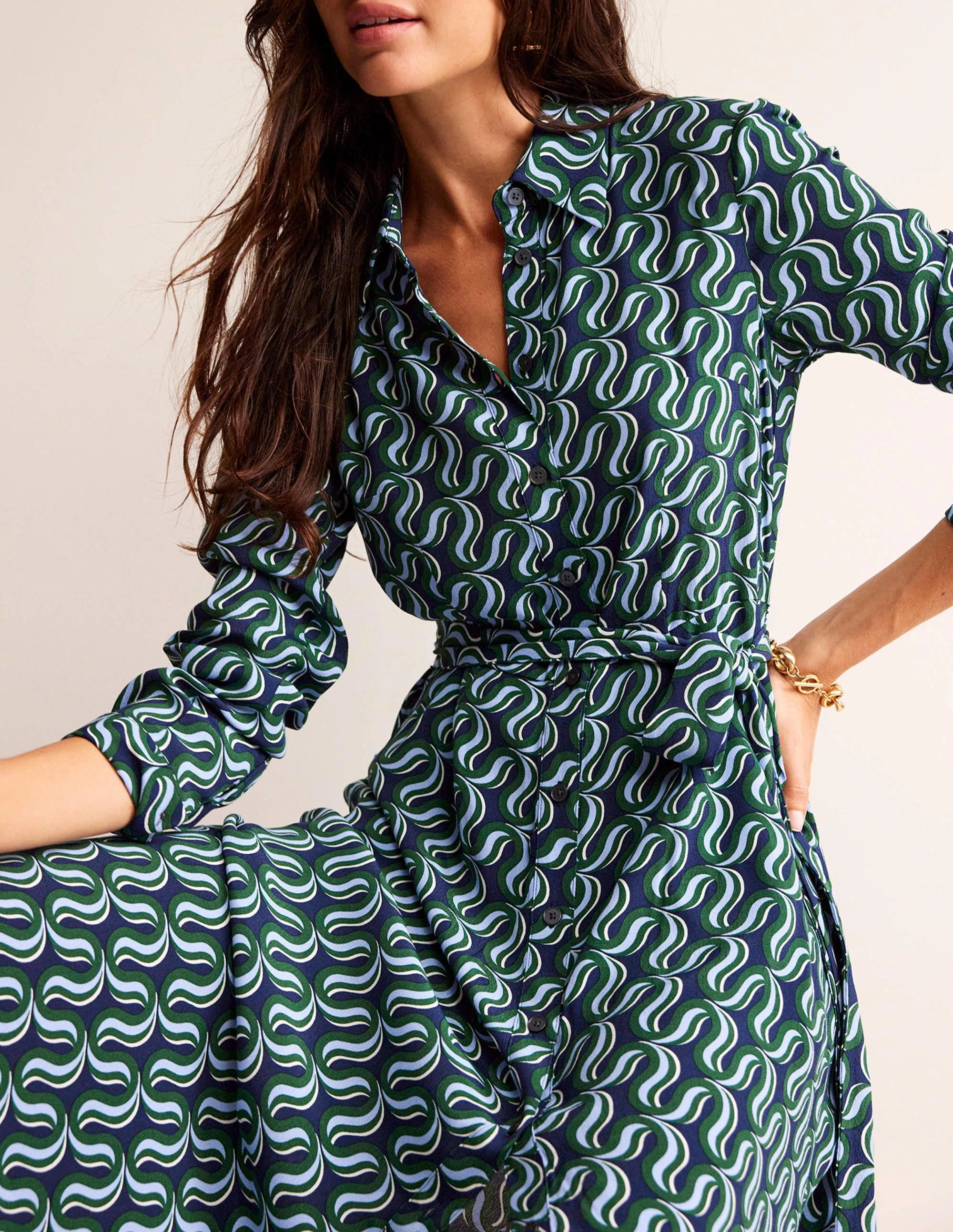 Kate Midi Shirt Dress-Amazon Green, Ribbon Wave
