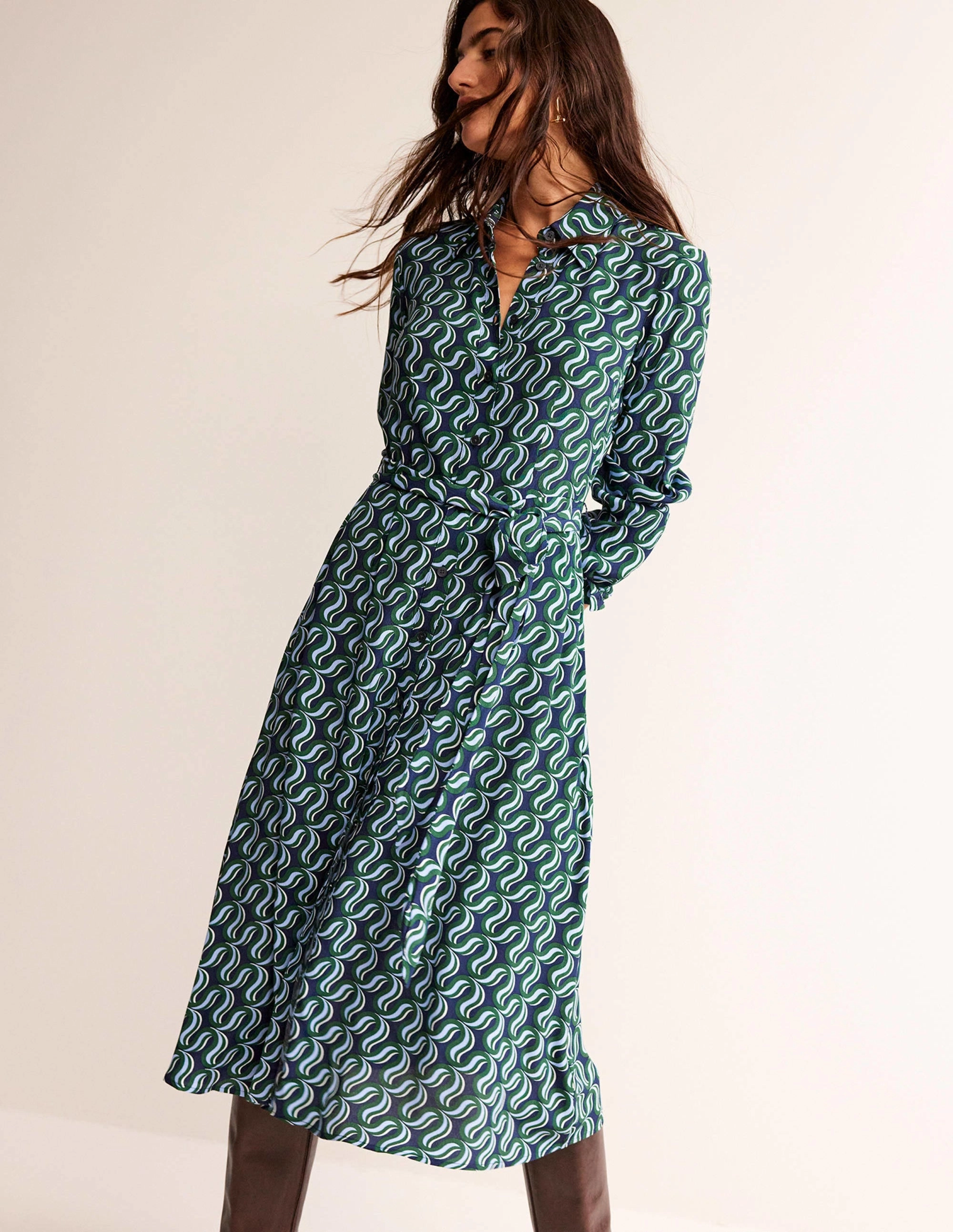 Kate Midi Shirt Dress-Amazon Green, Ribbon Wave