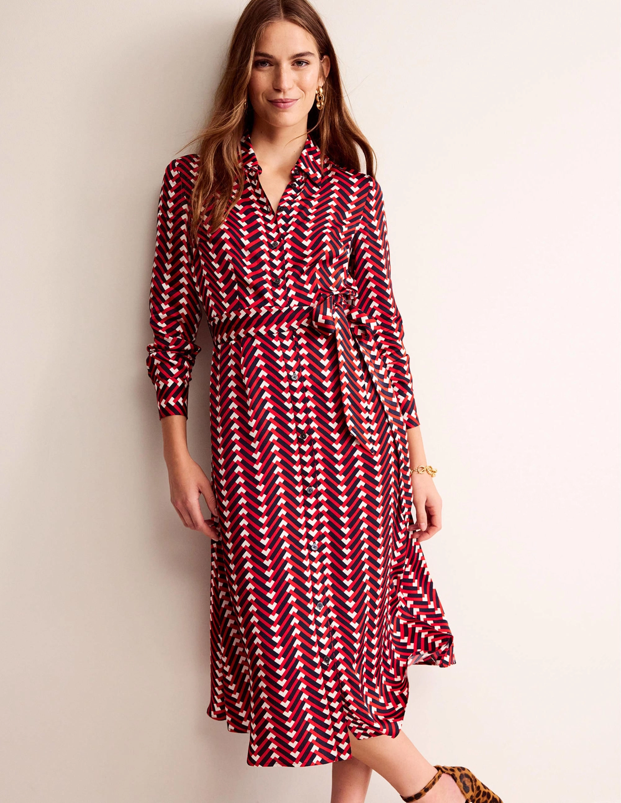 Kate Satin Shirt Dress-Hot Pepper, Chevron Geo