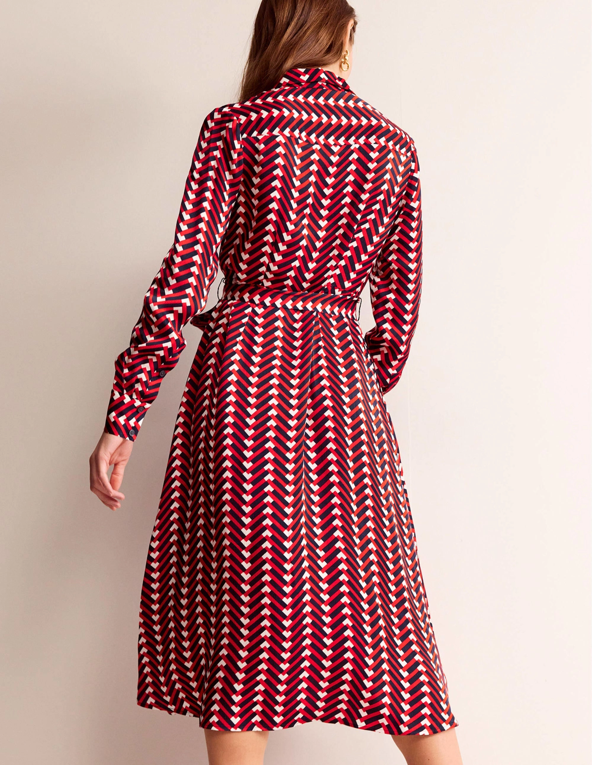 Kate Satin Shirt Dress-Hot Pepper, Chevron Geo
