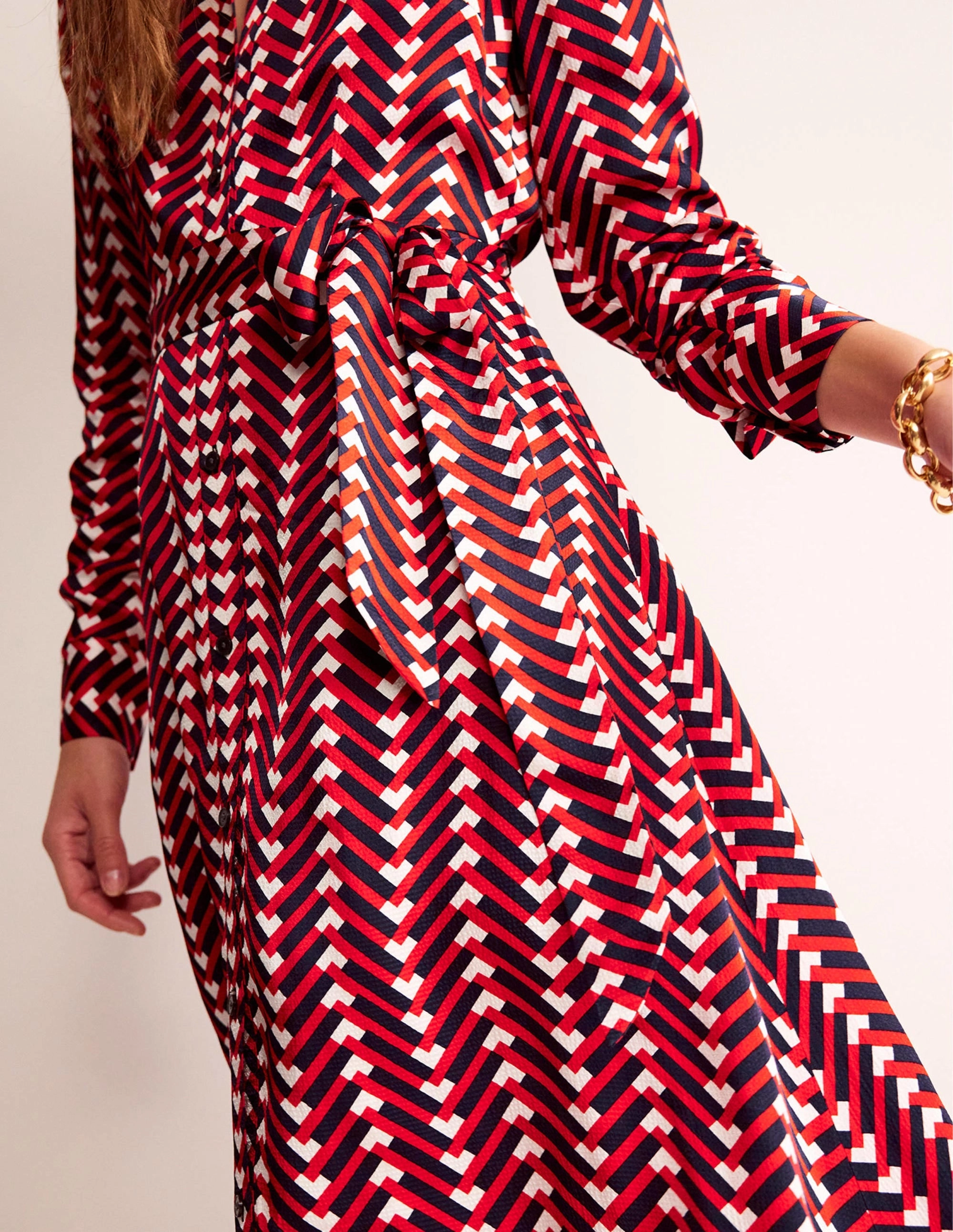 Kate Satin Shirt Dress-Hot Pepper, Chevron Geo