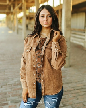 Lucky & Blesse Plus Size Camel Mineral Wash Denim Pearl Snap Shirt TO643