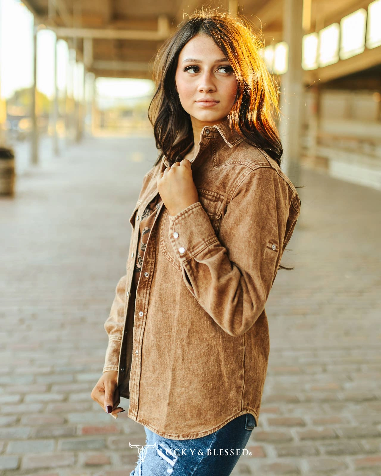 Lucky & Blesse Plus Size Camel Mineral Wash Denim Pearl Snap Shirt TO643