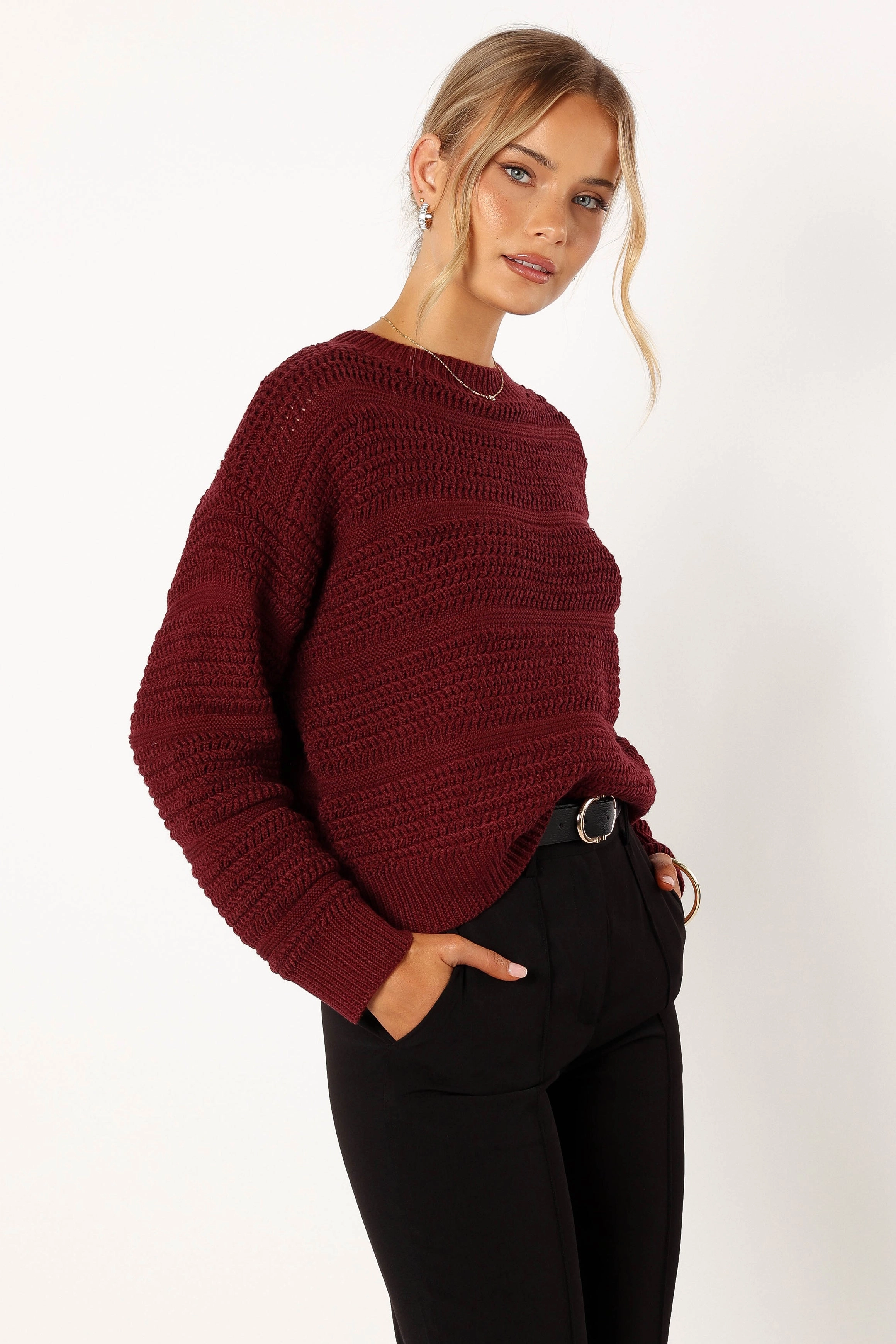 Nancy Crewneck Textured Knit Sweater - Burgundy