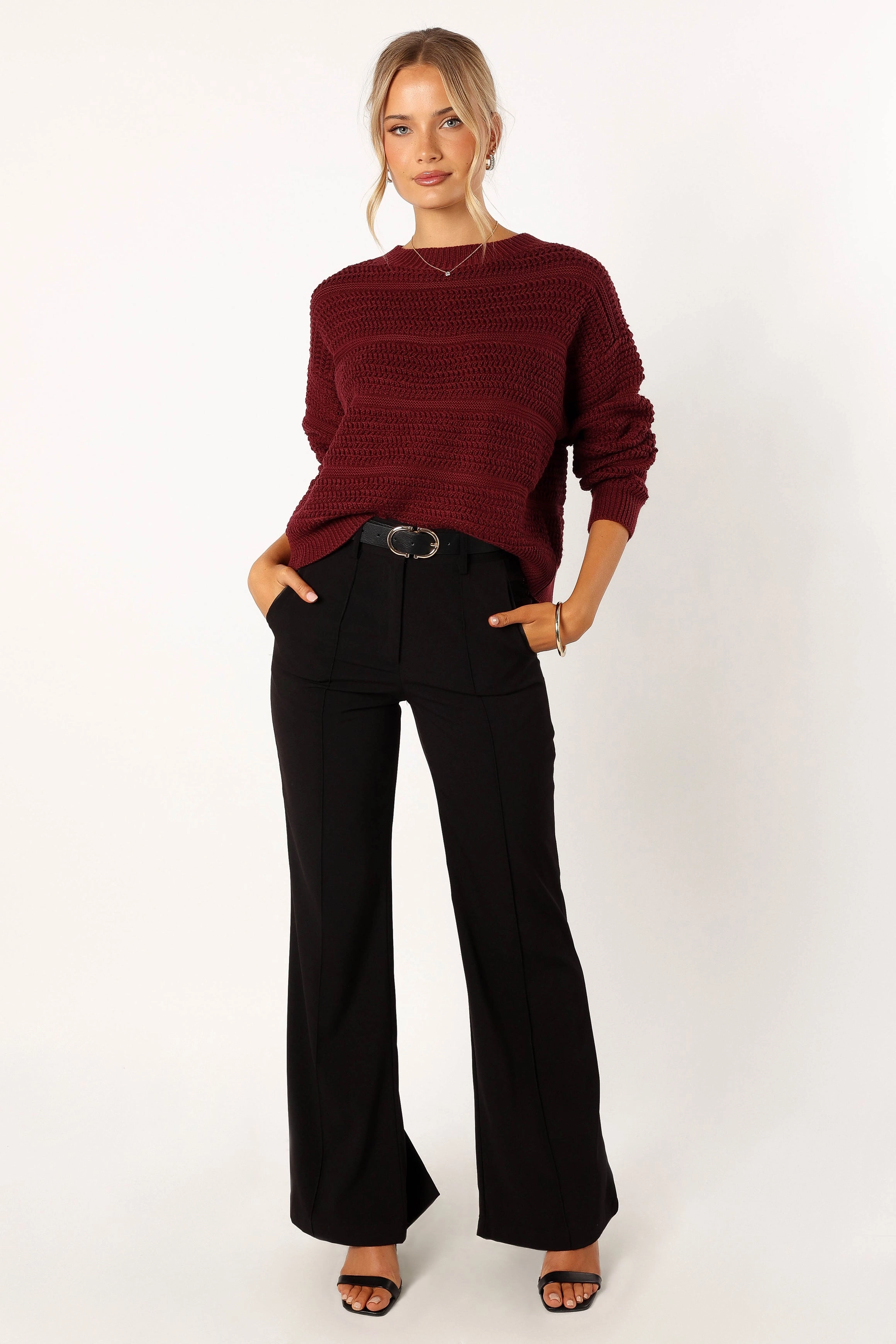 Nancy Crewneck Textured Knit Sweater - Burgundy
