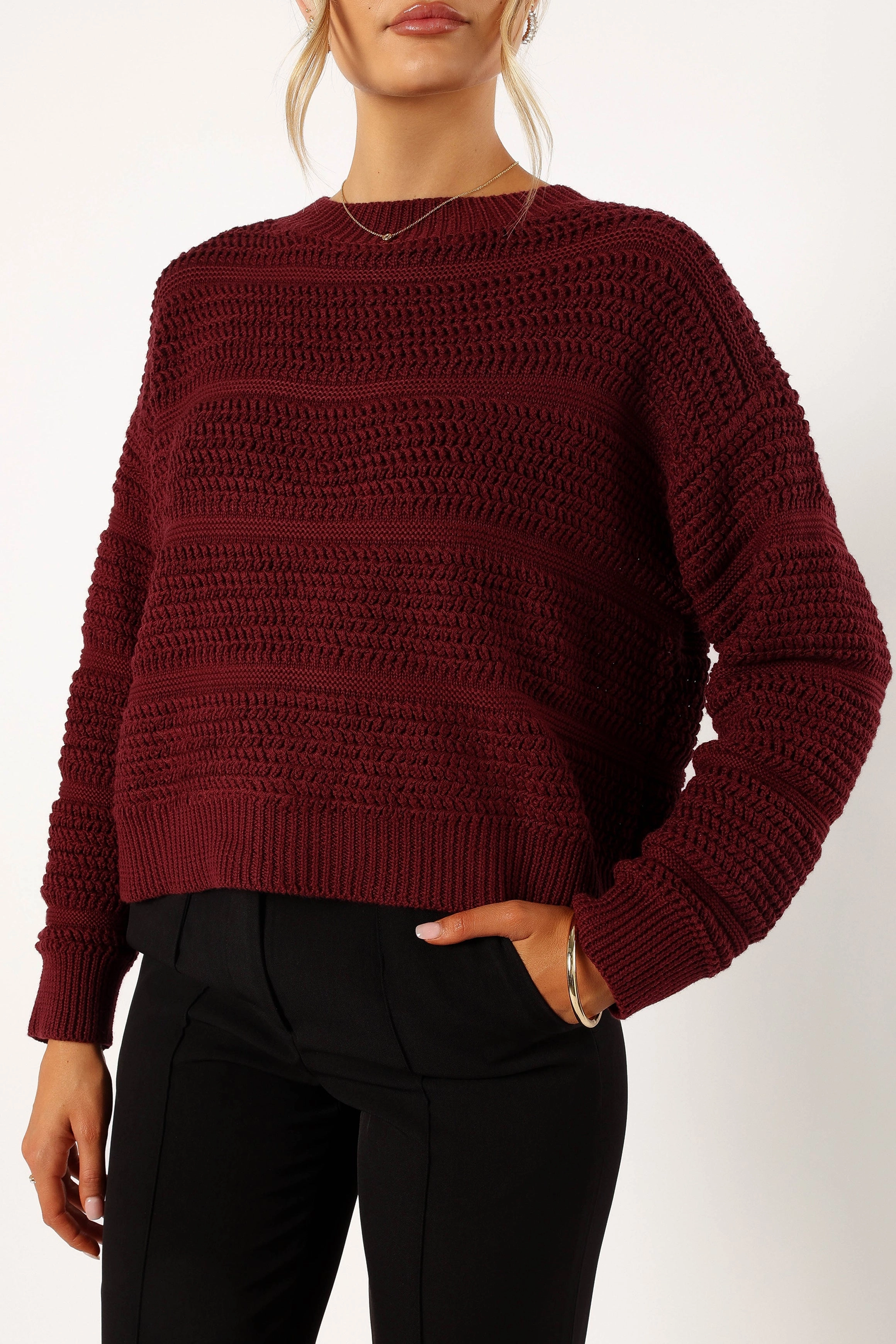 Nancy Crewneck Textured Knit Sweater - Burgundy
