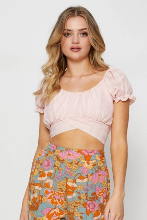 Pink Crop Top Short Sleeve Tie Up