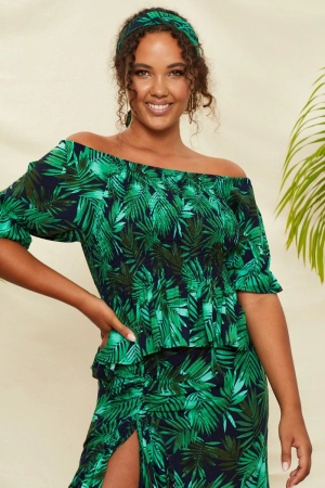 Print Short Sleeve Tropical Print Shirred Top