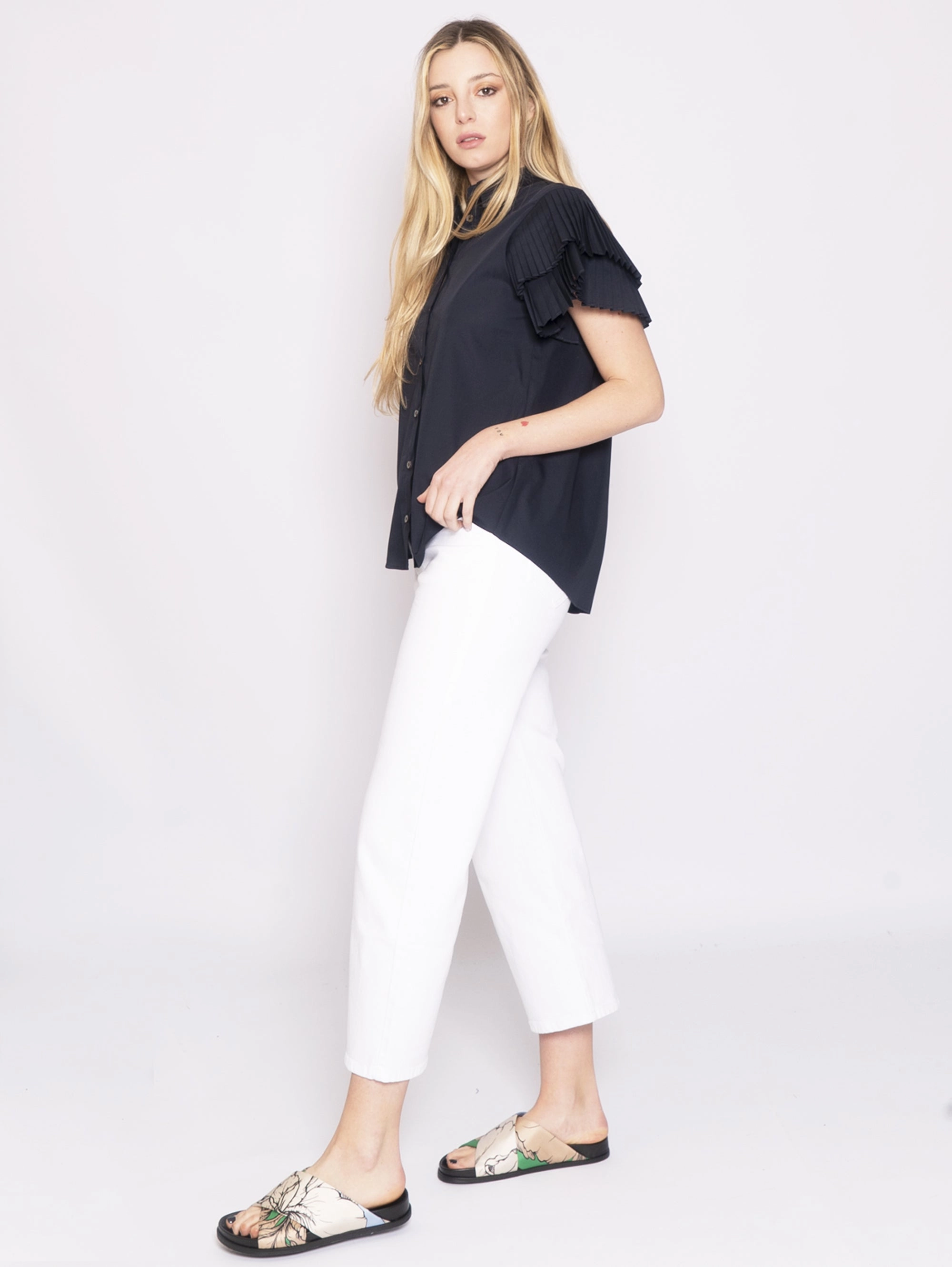 Shirt with Blue Pleated Sleeves