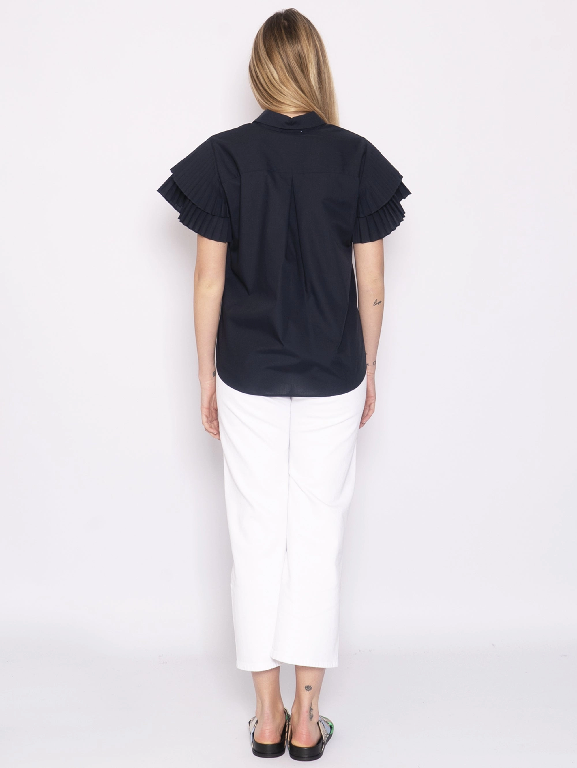 Shirt with Blue Pleated Sleeves