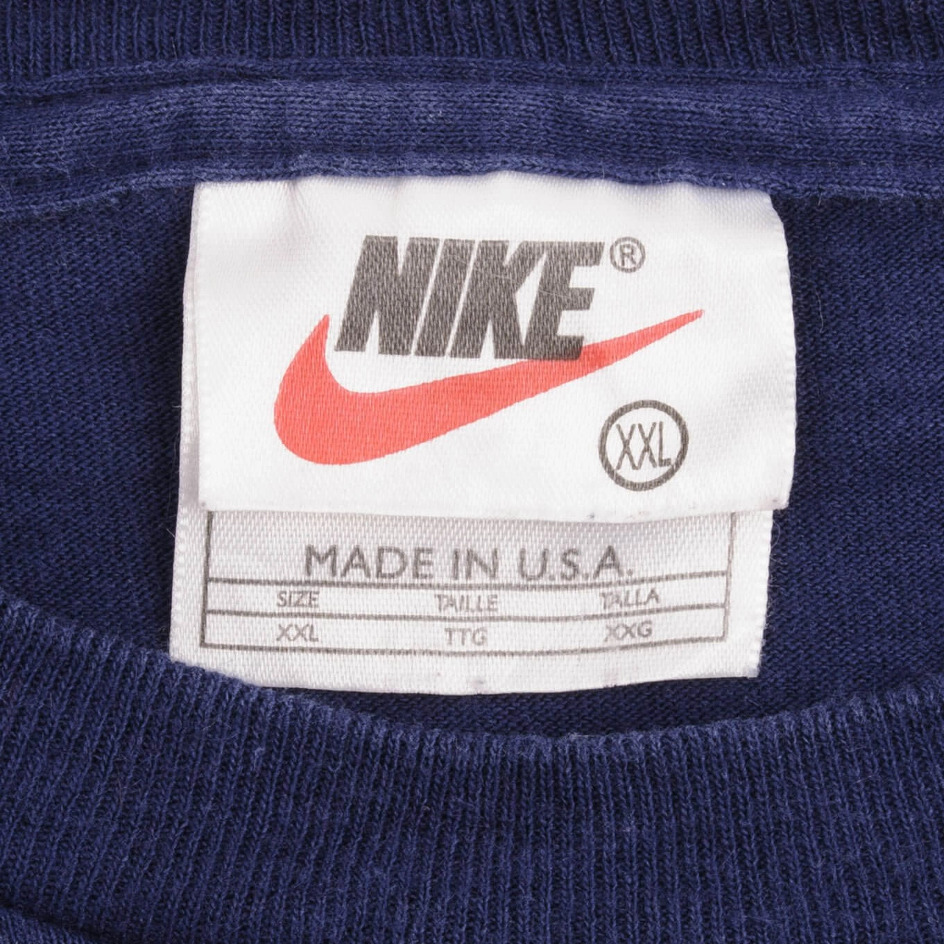 VINTAGE NIKE CLASSIC SWOOSH NAVY BLUE TEE SHIRT 1990S SIZE 2XL MADE IN USA