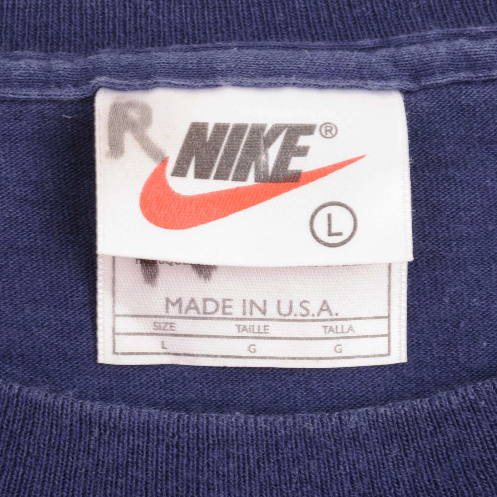 VINTAGE NIKE NAVY CLASSIC SWOOSH BACK PRINT TEE SHIRT 1990S LARGE MADE IN USA