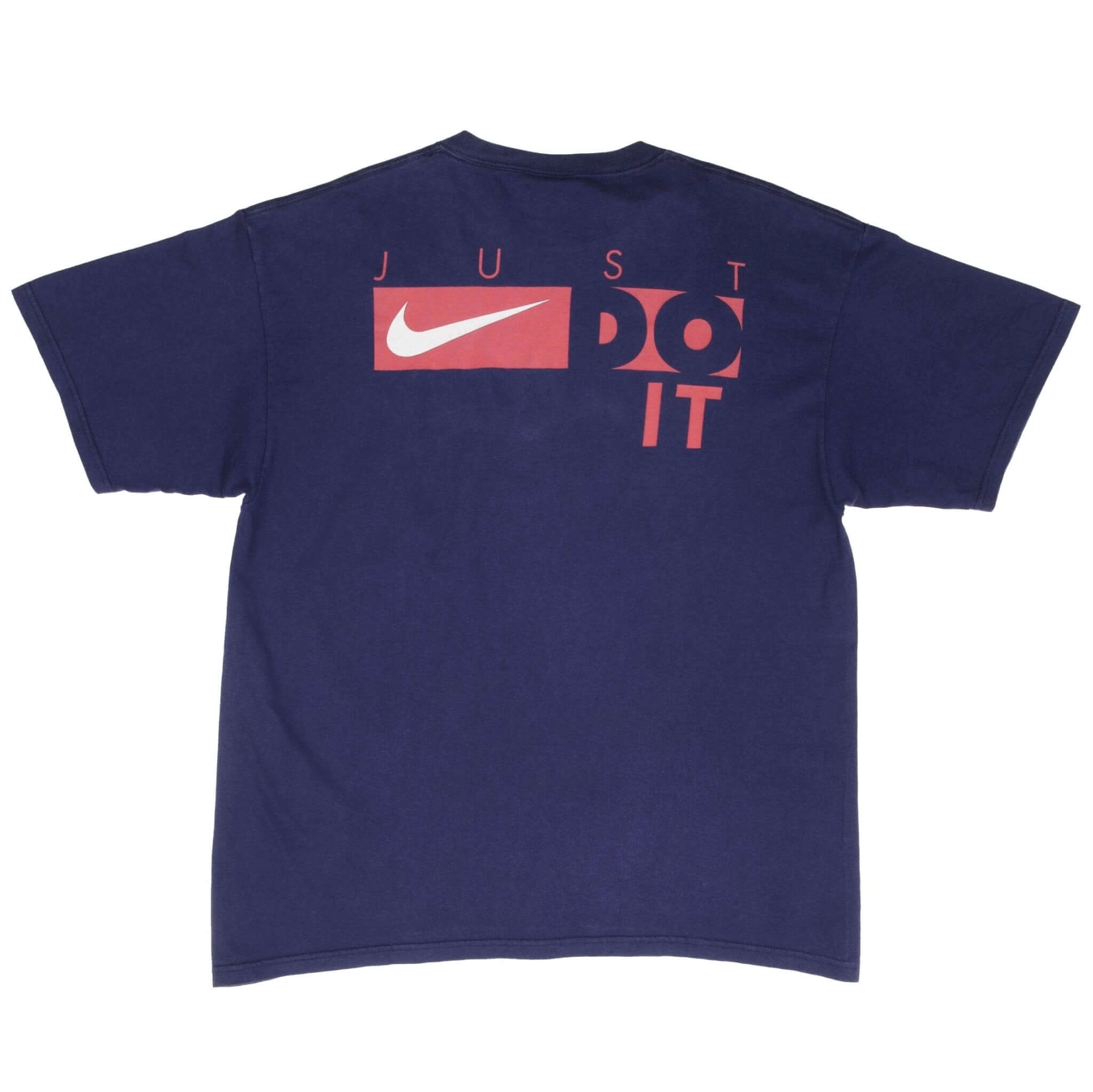 VINTAGE NIKE NAVY CLASSIC SWOOSH BACK PRINT TEE SHIRT 1990S LARGE MADE IN USA
