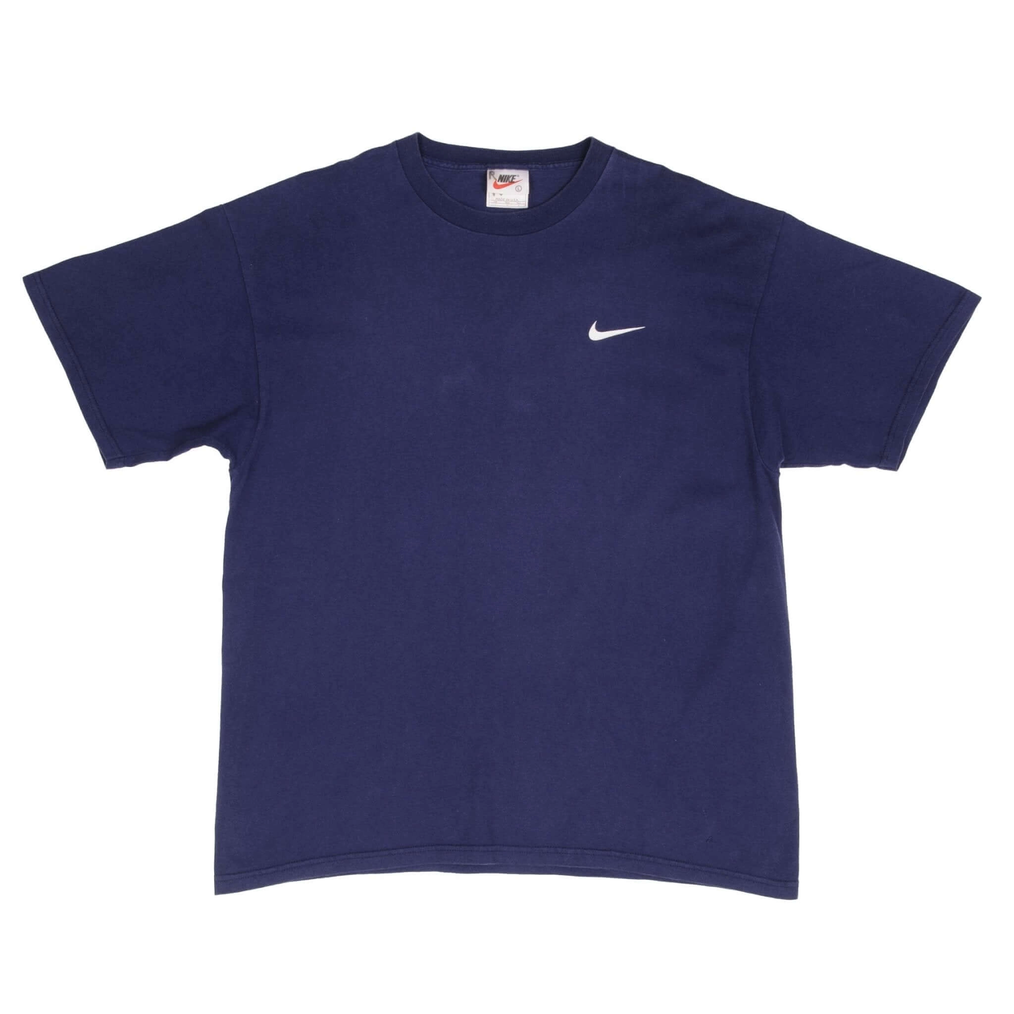 VINTAGE NIKE NAVY CLASSIC SWOOSH BACK PRINT TEE SHIRT 1990S LARGE MADE IN USA