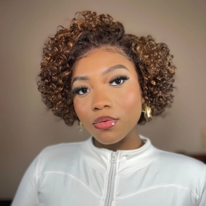 Weekly Special | Brown Highlight / Jet Black Short Cut Slicked Back Curly Ear-to-ear Wide T Lace Wig