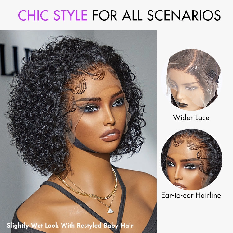 Weekly Special | Brown Highlight / Jet Black Short Cut Slicked Back Curly Ear-to-ear Wide T Lace Wig