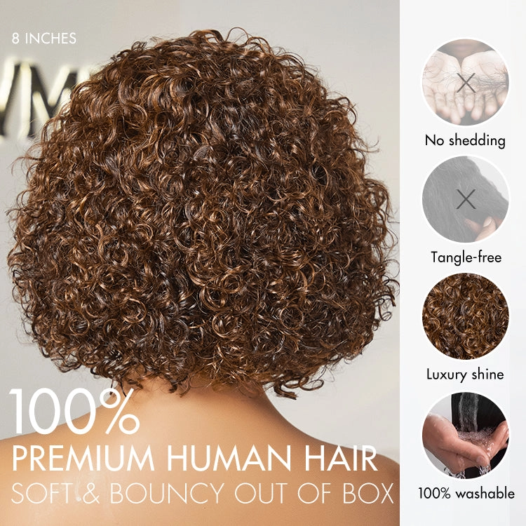 Weekly Special | Brown Highlight / Jet Black Short Cut Slicked Back Curly Ear-to-ear Wide T Lace Wig