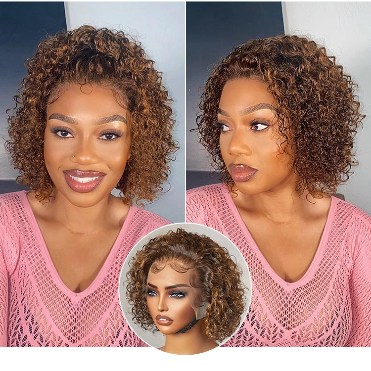 Weekly Special | Brown Highlight / Jet Black Short Cut Slicked Back Curly Ear-to-ear Wide T Lace Wig