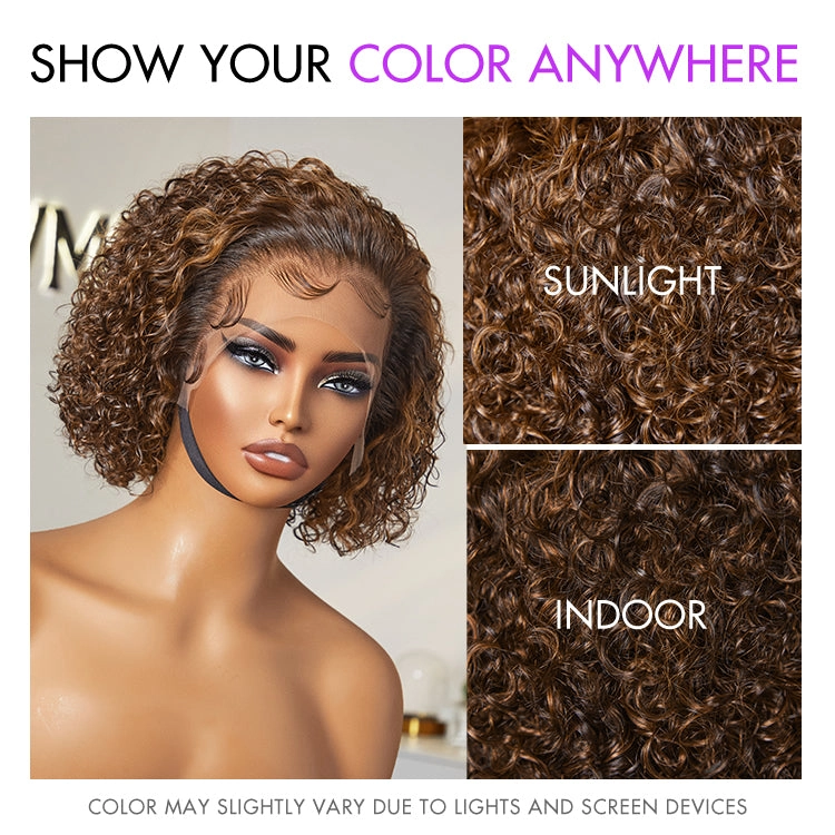 Weekly Special | Brown Highlight / Jet Black Short Cut Slicked Back Curly Ear-to-ear Wide T Lace Wig