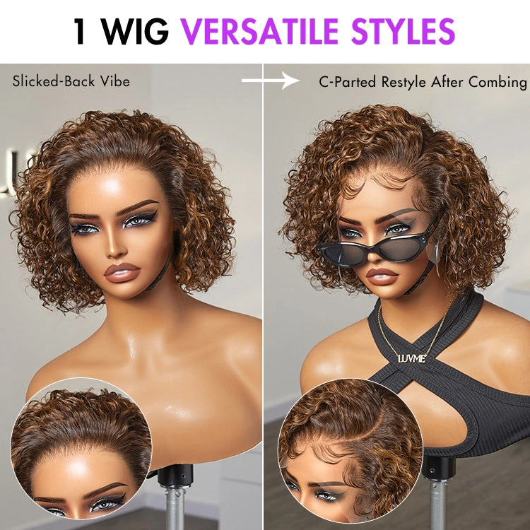 Weekly Special | Brown Highlight / Jet Black Short Cut Slicked Back Curly Ear-to-ear Wide T Lace Wig