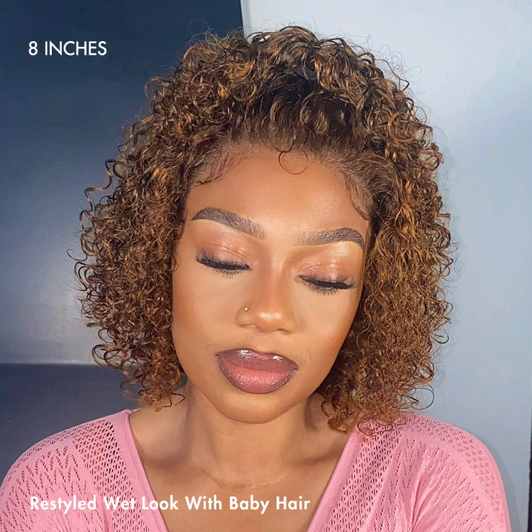 Weekly Special | Brown Highlight / Jet Black Short Cut Slicked Back Curly Ear-to-ear Wide T Lace Wig