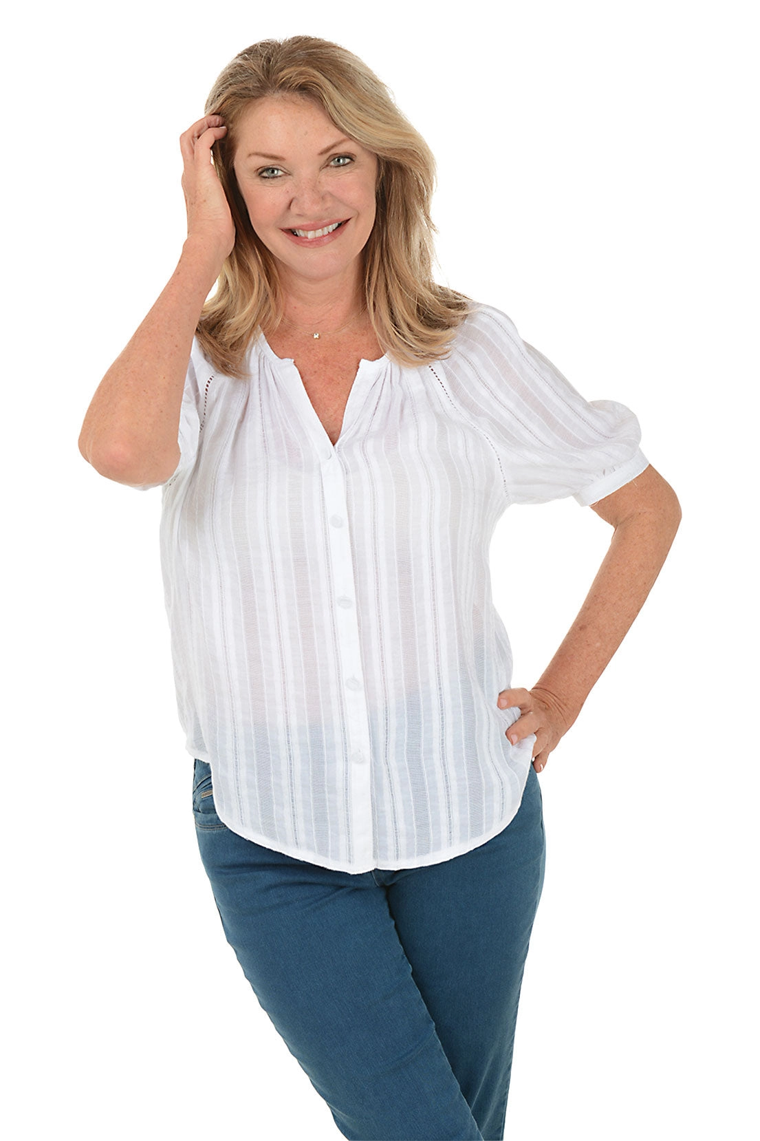Woven Stripe Short Raglan Sleeve Shirt