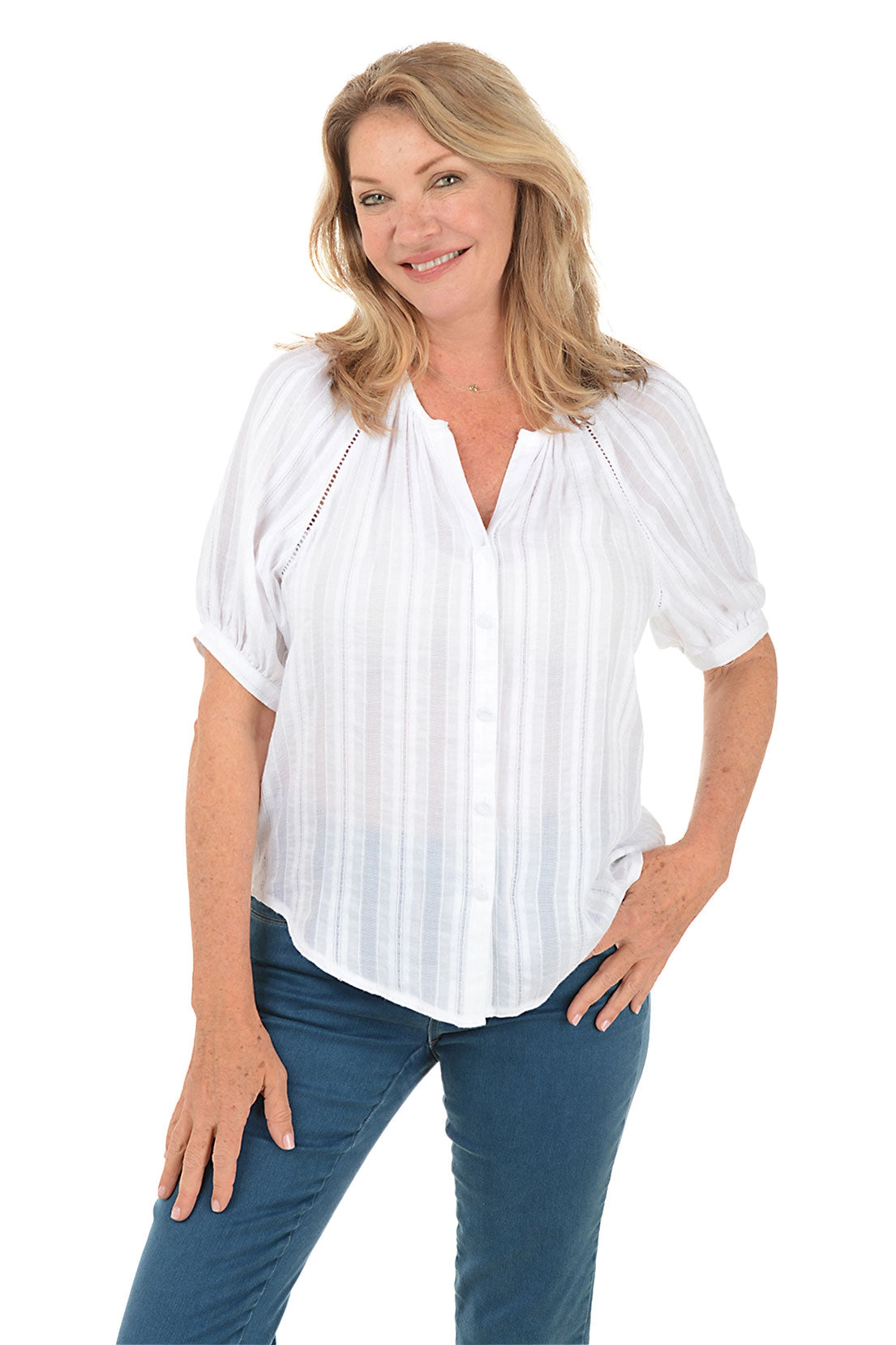 Woven Stripe Short Raglan Sleeve Shirt